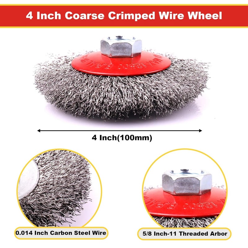 TOPGO 2 Pack 4 Inch Coarse Crimped Wire Wheel for 4 1/2 Angle Grinder, 5/8 Inch-11 Threaded Arbor, 0.014 Inch Carbon Steel Wire Wheel Brush for Rust, Corrosion, Paint Removal - Image 2